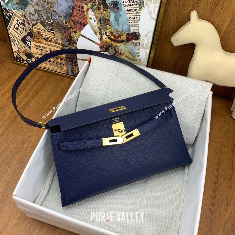 Hermes Kelly Elan Bag in Chevre Leather Blue/Gold 2024(Handmade) (XYA-24022216)