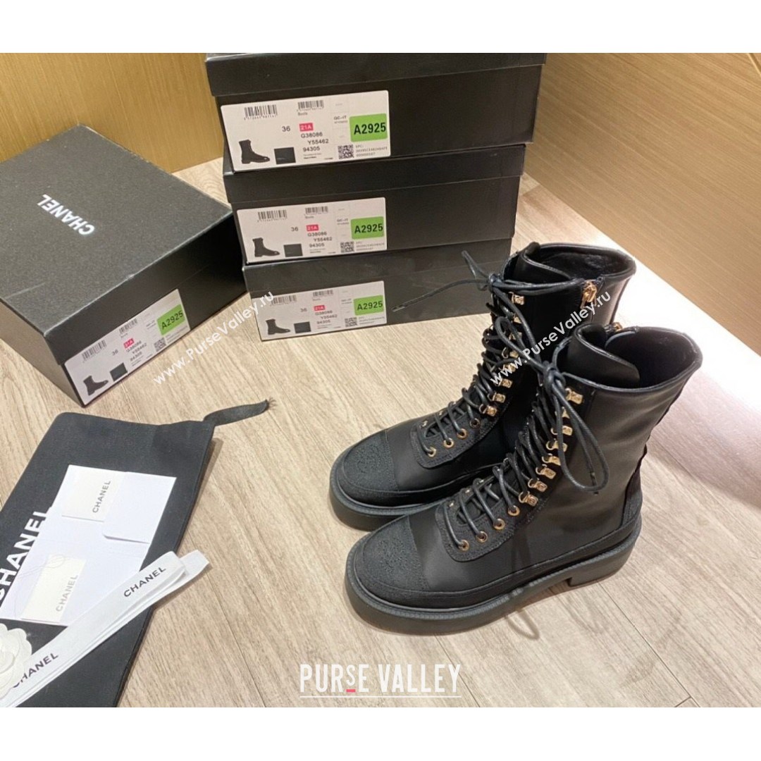 Chanel Calfskin and Grosgrain Laced Short Boots Black 2021 (KL-21081402)