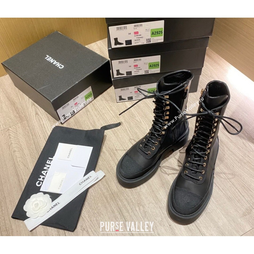 Chanel Calfskin and Grosgrain Laced Short Boots Black 2021 (KL-21081402)