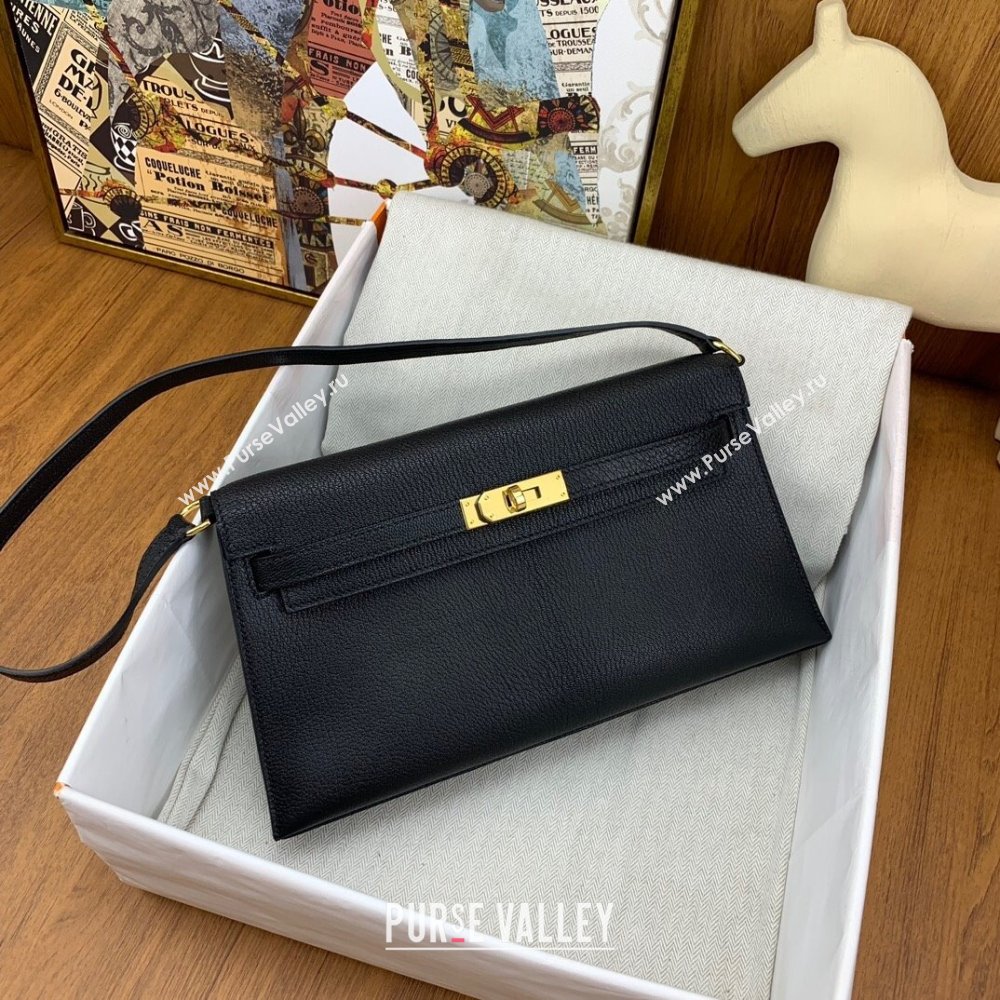 Hermes Kelly Elan Bag in Chevre Leather Black/Gold 2024(Handmade) (XYA-24022218)