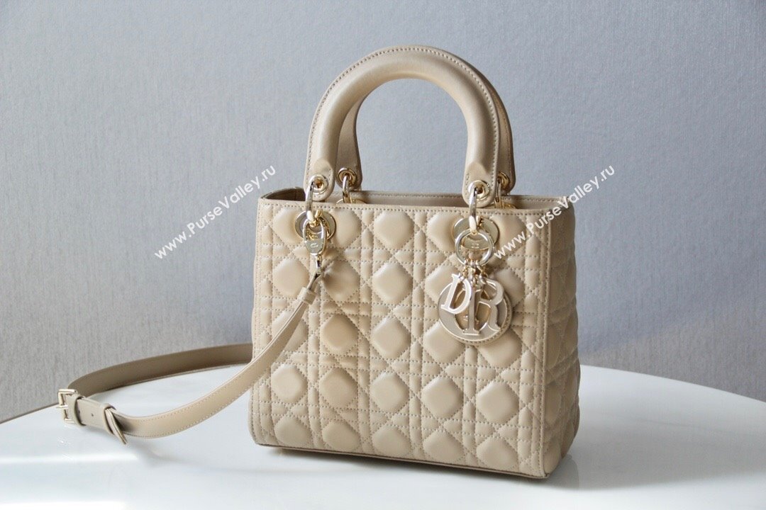 Dior Medium Lady Dior Bag in Cannage Lambskin 44532 Beige/Gold 2024 (DMZ-24041605)