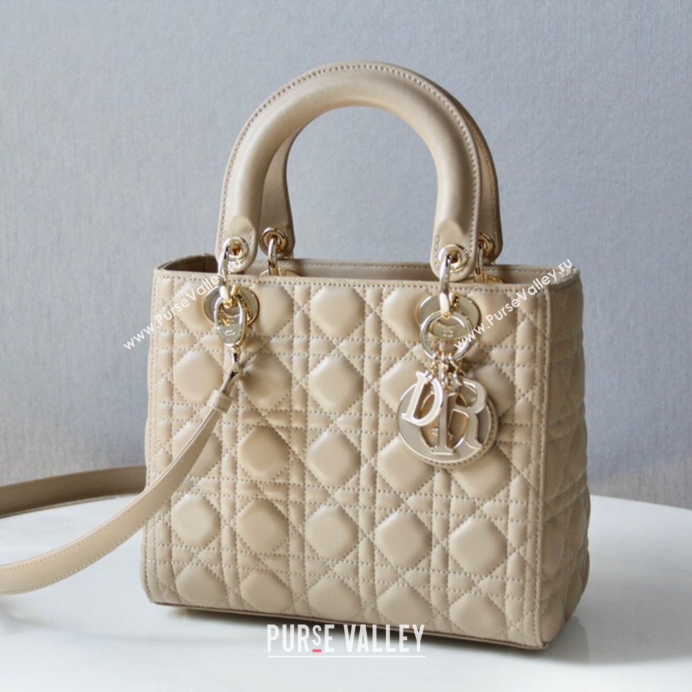 Dior Medium Lady Dior Bag in Cannage Lambskin 44532 Beige/Gold 2024 (DMZ-24041605)