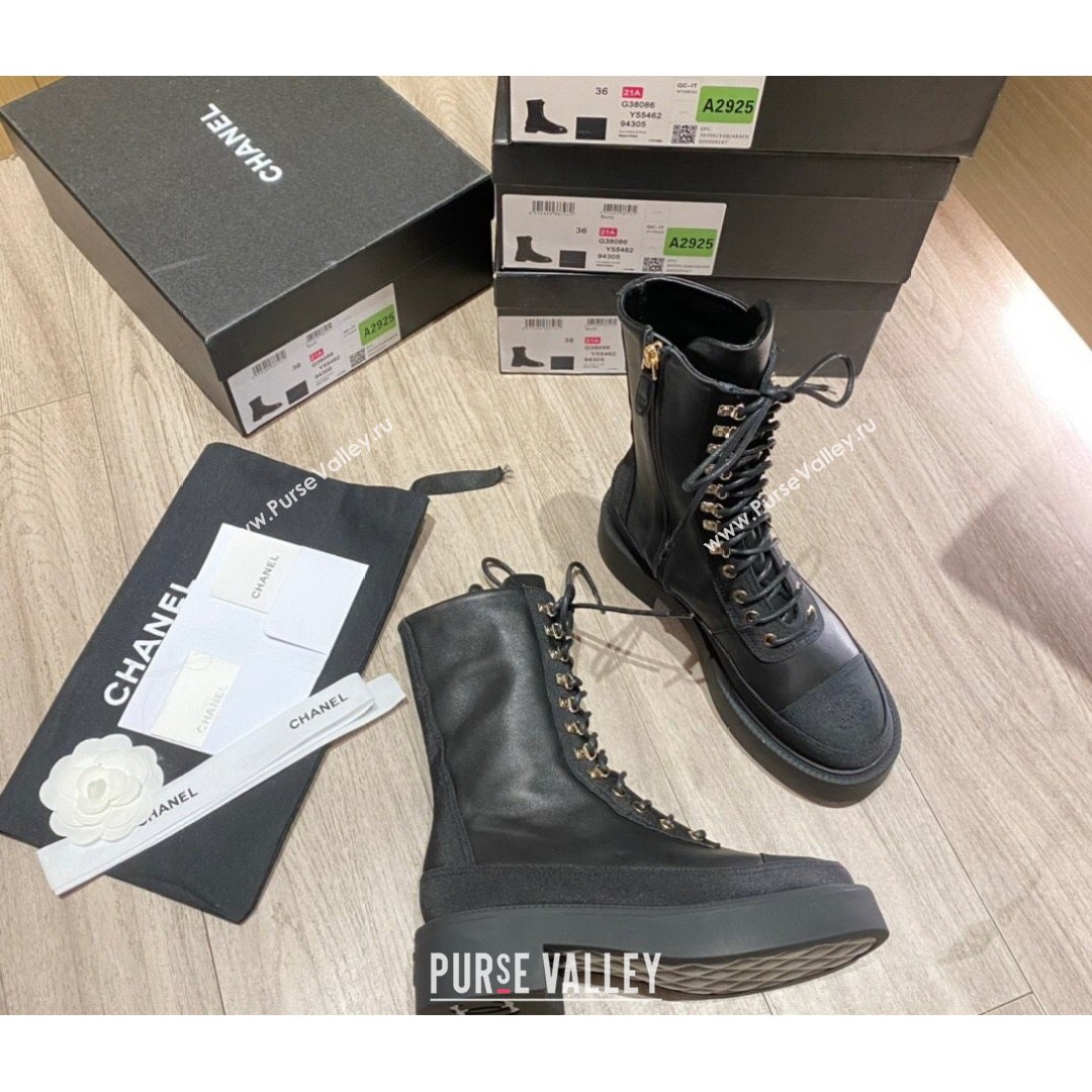 Chanel Calfskin and Grosgrain Laced Short Boots Black 2021 (KL-21081402)