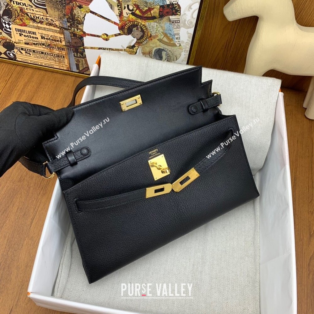 Hermes Kelly Elan Bag in Chevre Leather Black/Gold 2024(Handmade) (XYA-24022218)