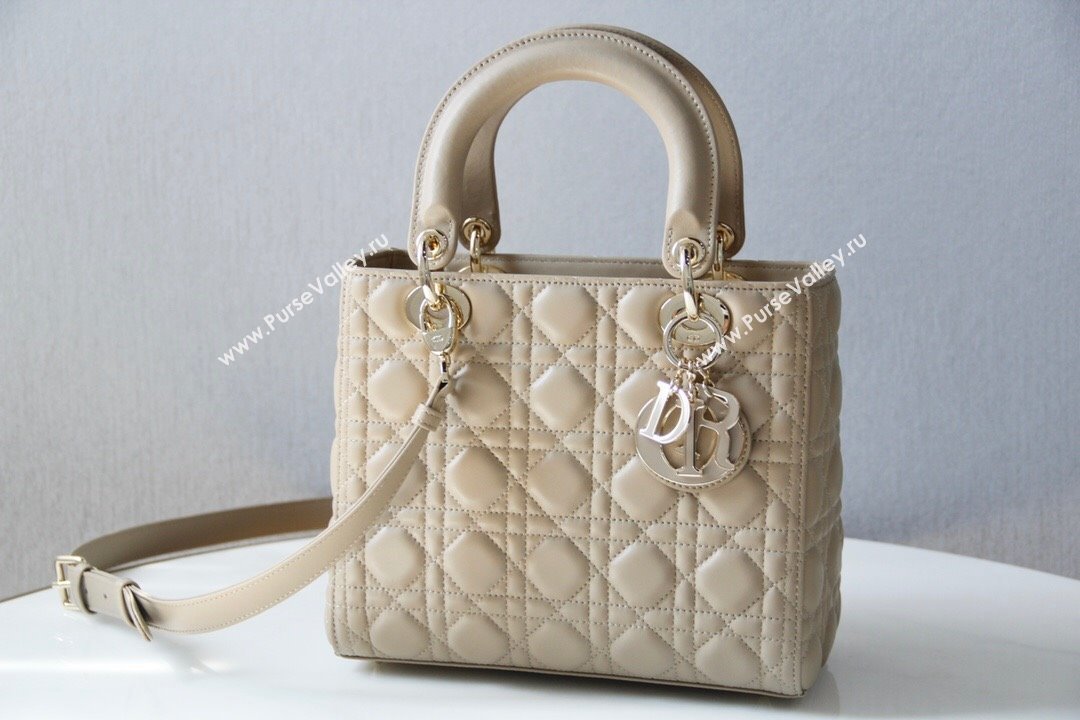 Dior Medium Lady Dior Bag in Cannage Lambskin 44532 Beige/Gold 2024 (DMZ-24041605)