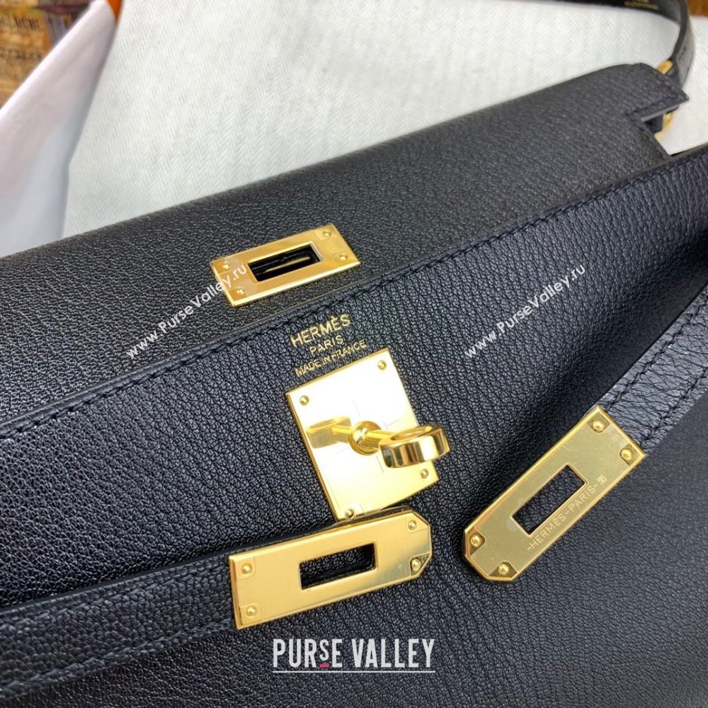 Hermes Kelly Elan Bag in Chevre Leather Black/Gold 2024(Handmade) (XYA-24022218)