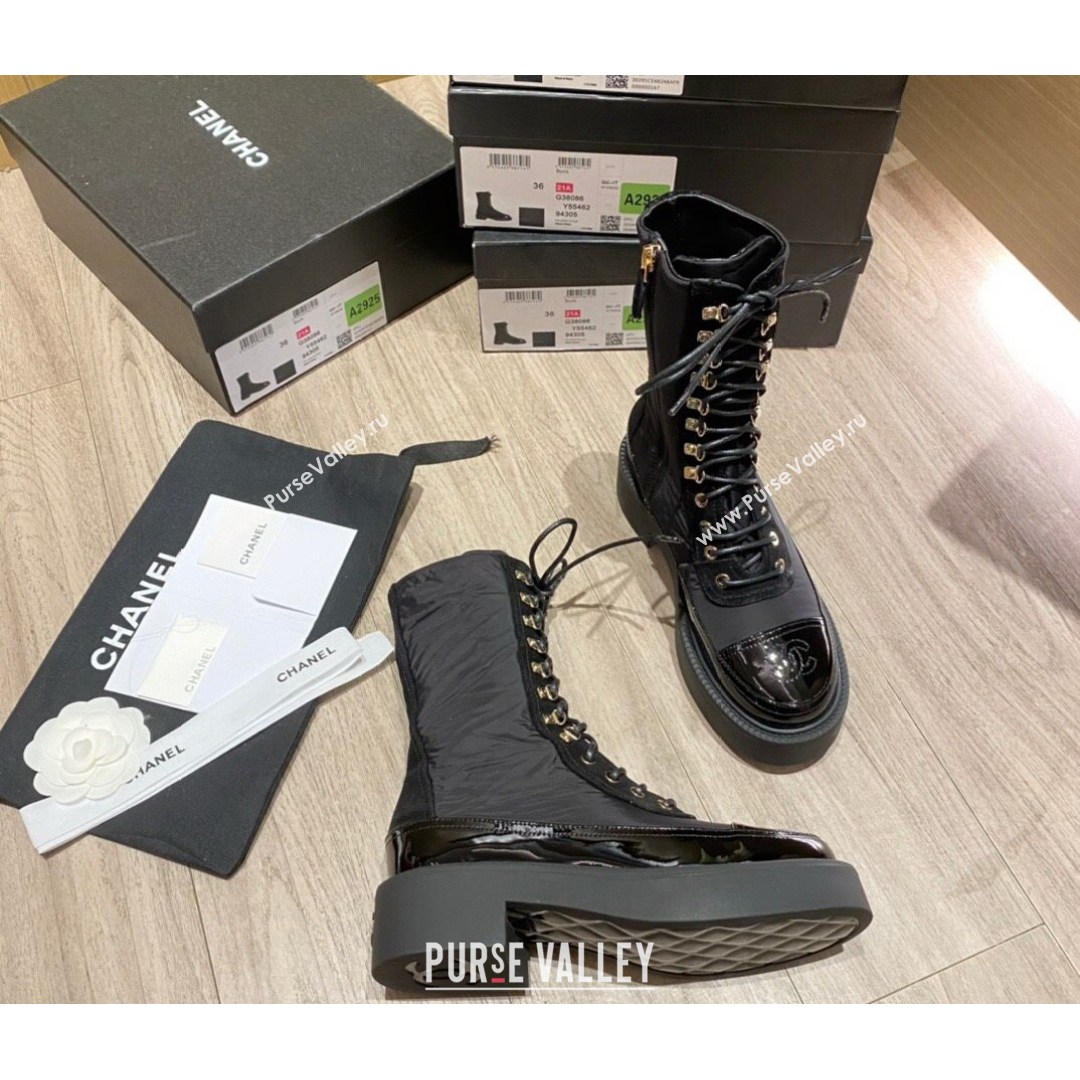 Chanel Nylon and Patent Calfskin Laced Short Boots G38086 Black 2021 (KL-21081403)