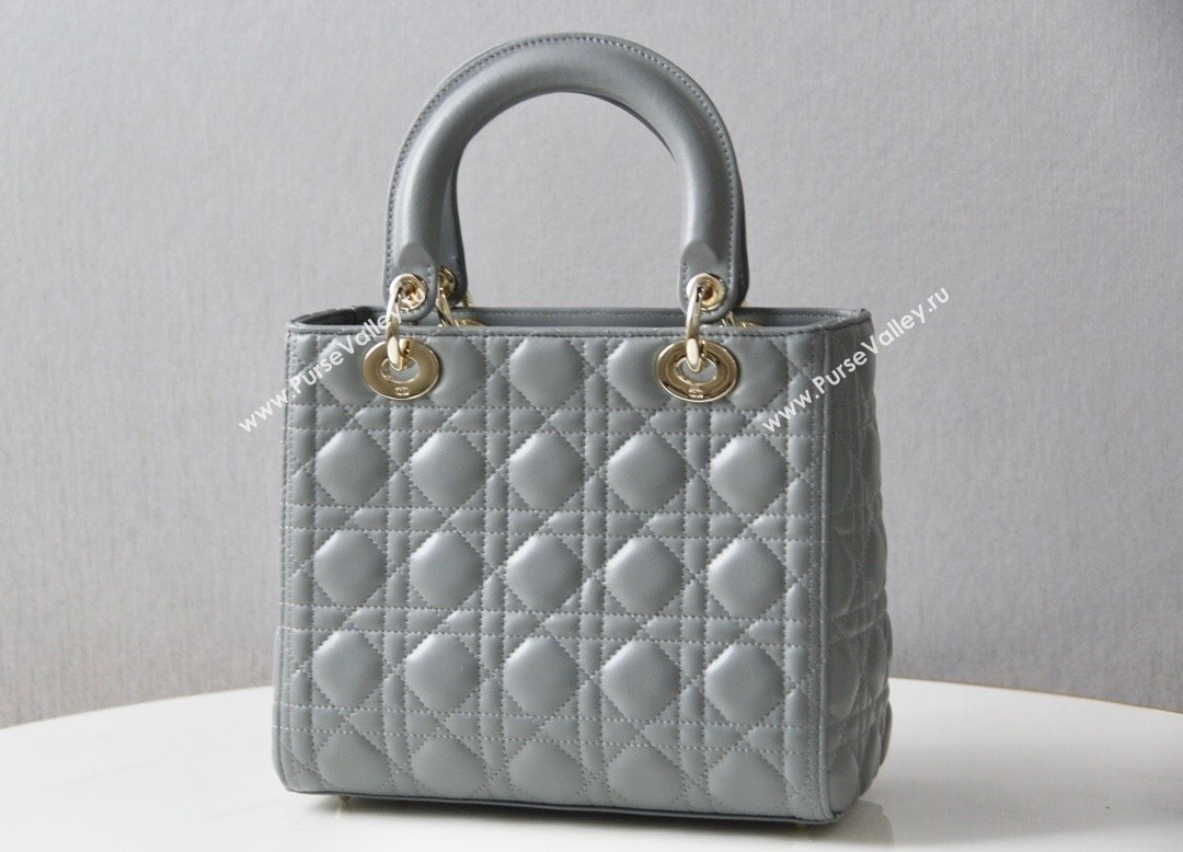 Dior Medium Lady Dior Bag in Cannage Lambskin 44532 Grey/Gold 2024 (DMZ-24041606)