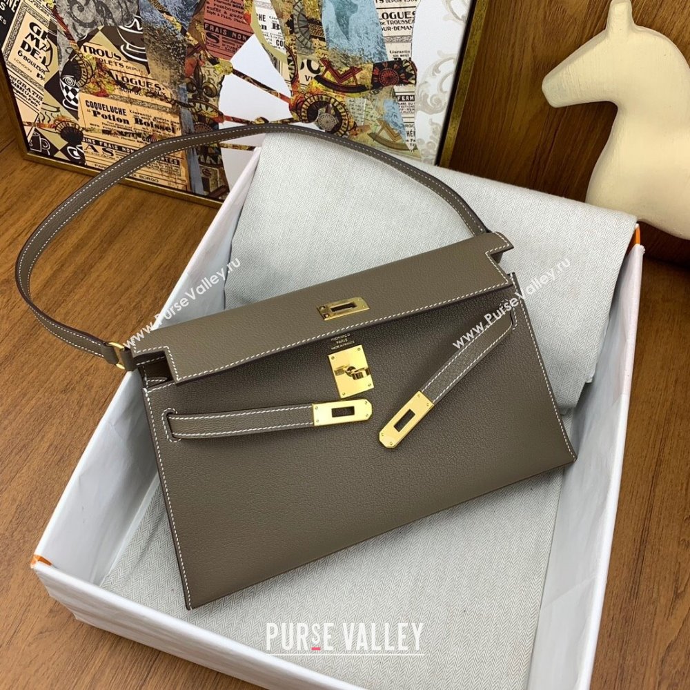 Hermes Kelly Elan Bag in Chevre Leather Etoupe/Gold 2024(Handmade) (XYA-24022220)