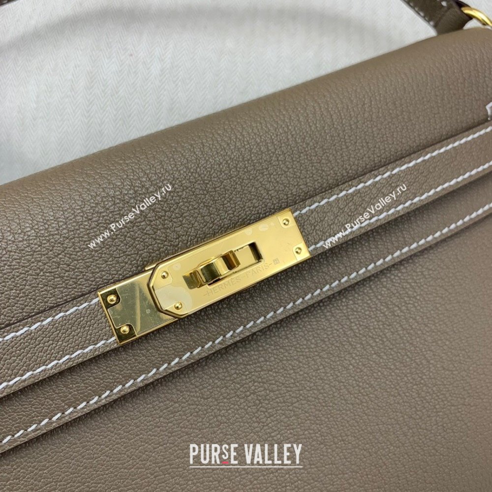 Hermes Kelly Elan Bag in Chevre Leather Etoupe/Gold 2024(Handmade) (XYA-24022220)