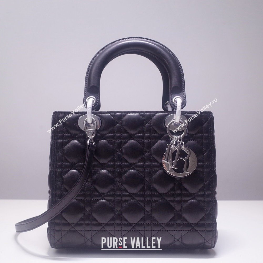 Dior Medium Lady Dior Bag in Cannage Lambskin 44532 Black/Silver 2024 (DMZ-24041607)