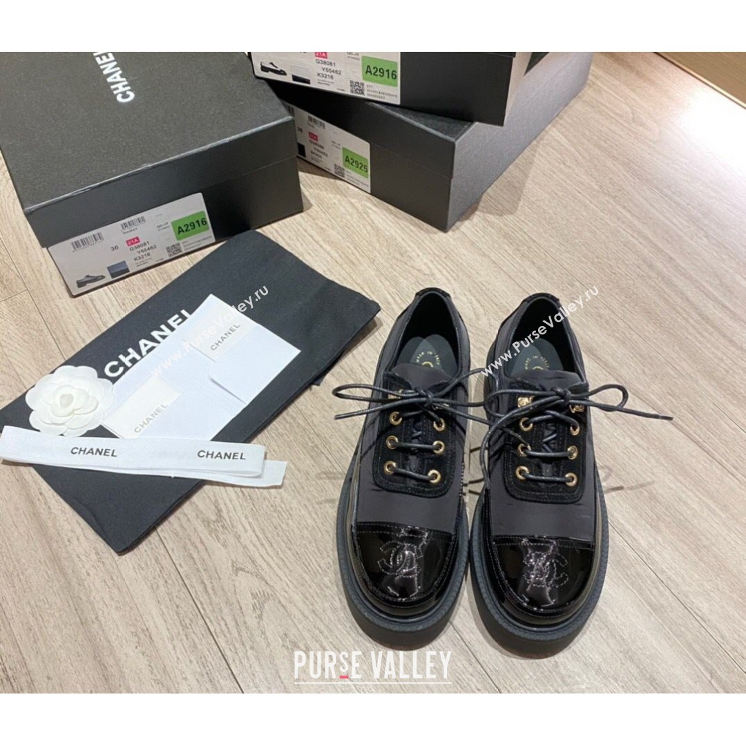 Chanel Nylon and Patent Calfskin Lace-ups G38081 All Black 2021 (KL-21081406)