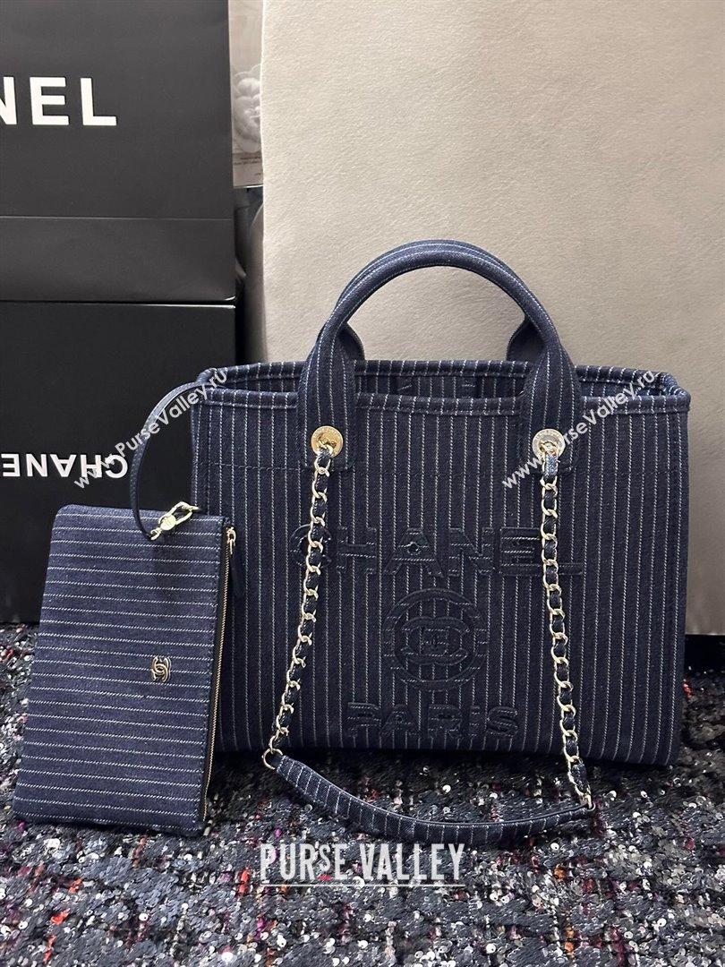 Chanel Small Deauville Striped Denim Shopping Bag Dark Blue 2024 (DS-24091916)