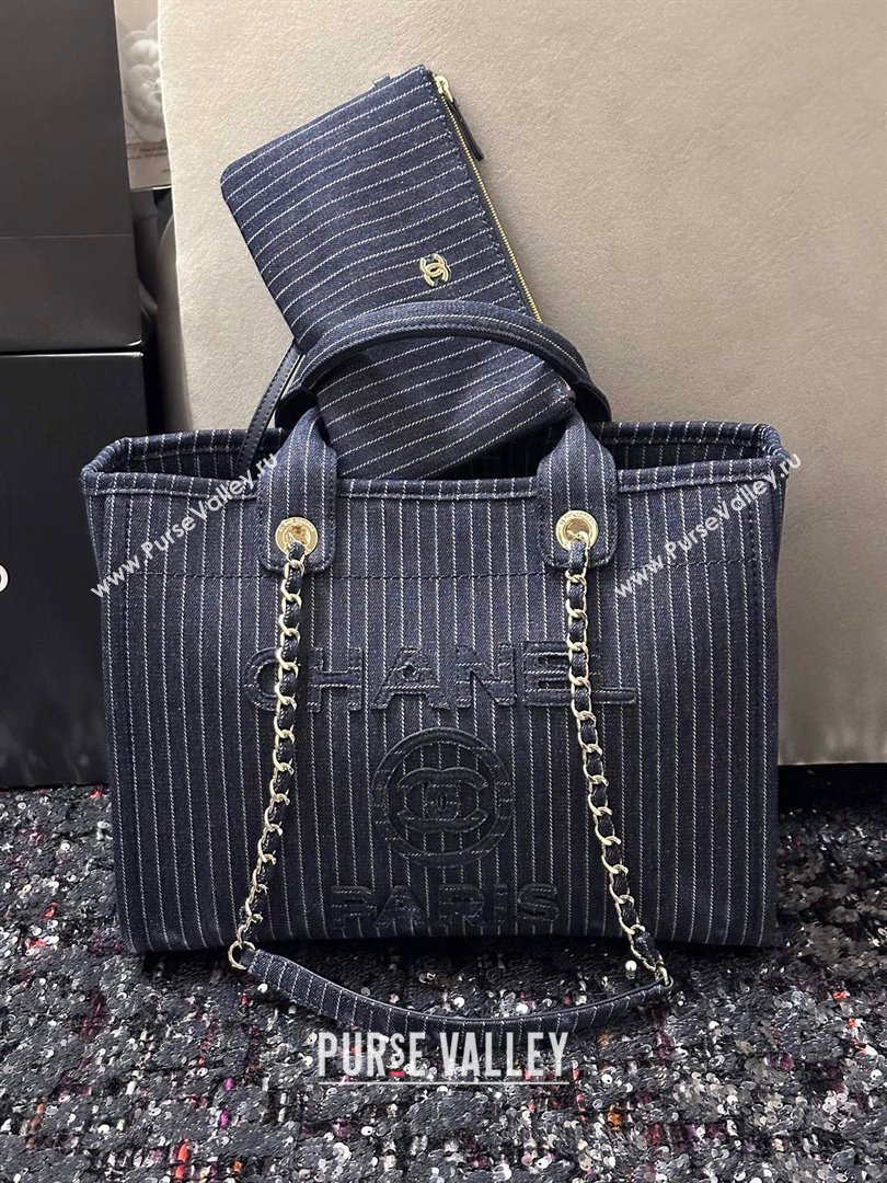 Chanel Small Deauville Striped Denim Shopping Bag Dark Blue 2024 (DS-24091916)