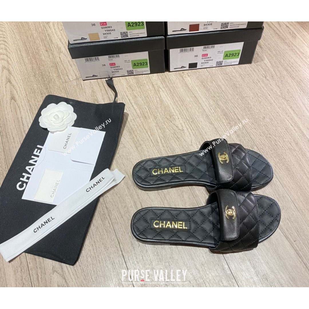 Chanel Leather Foldover Flat Slide Sandals Black 2021 (KL-21081408)