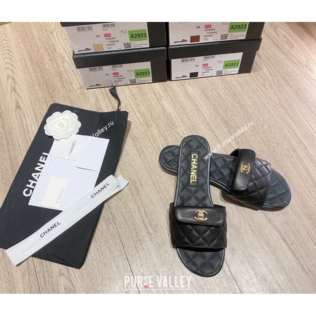 Chanel Leather Foldover Flat Slide Sandals Black 2021 (KL-21081408)