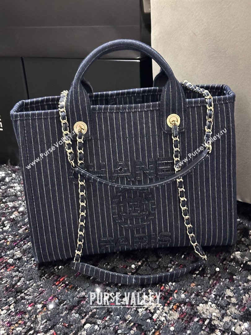 Chanel Small Deauville Striped Denim Shopping Bag Dark Blue 2024 (DS-24091916)