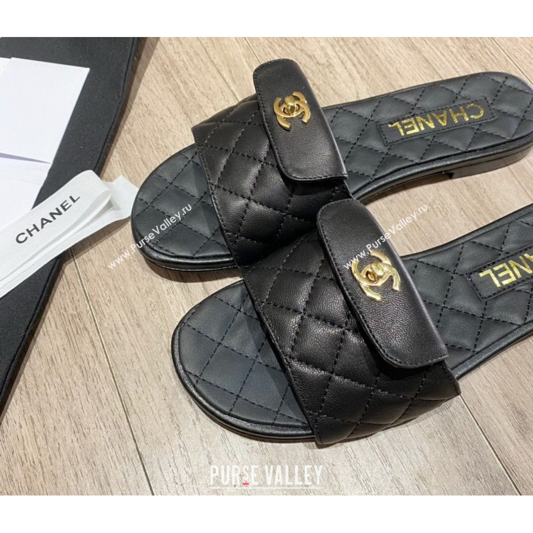 Chanel Leather Foldover Flat Slide Sandals Black 2021 (KL-21081408)