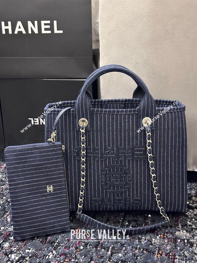 Chanel Small Deauville Striped Denim Shopping Bag Dark Blue 2024 (DS-24091916)