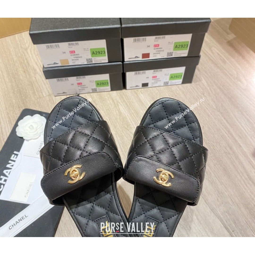 Chanel Leather Foldover Flat Slide Sandals Black 2021 (KL-21081408)