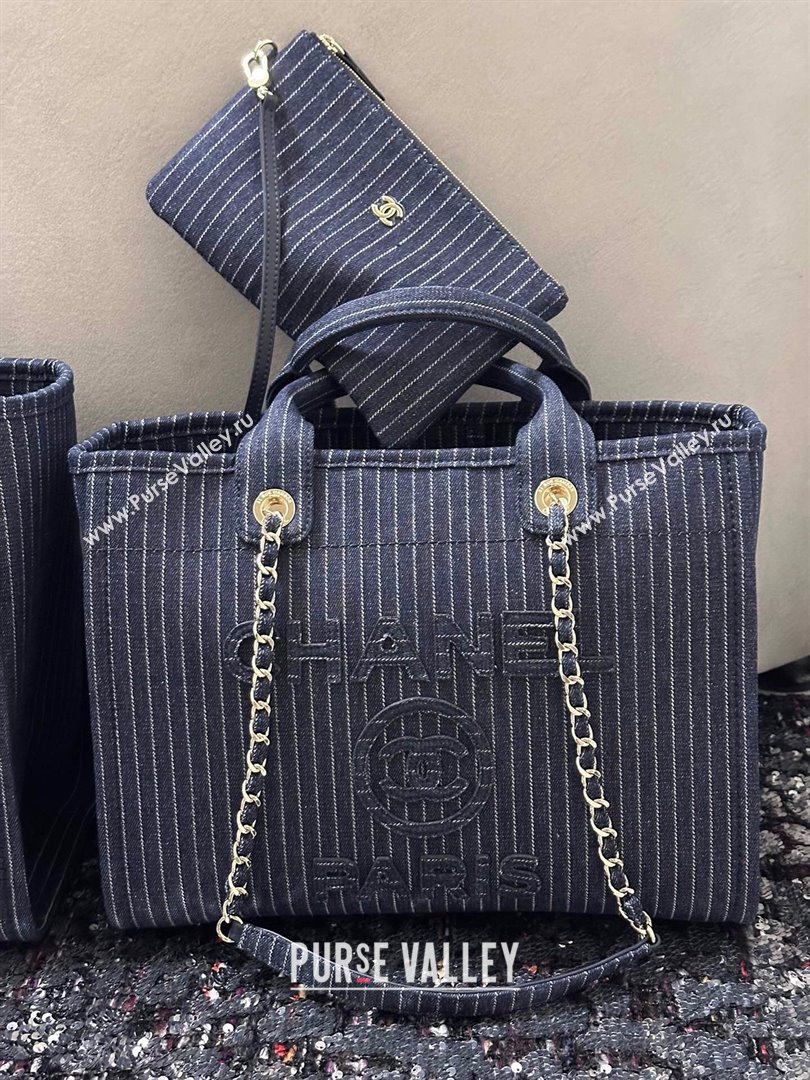 Chanel Small Deauville Striped Denim Shopping Bag Dark Blue 2024 (DS-24091916)