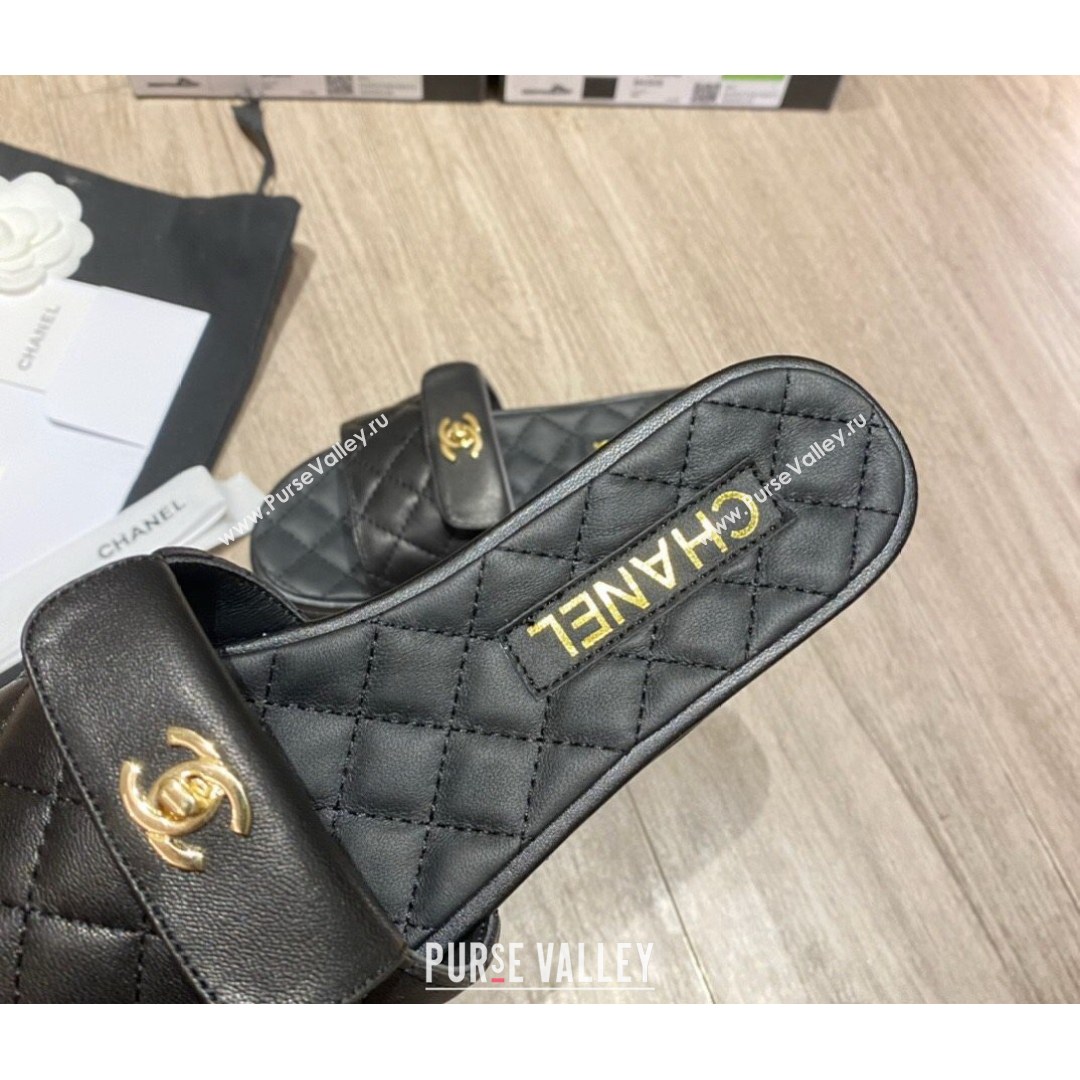 Chanel Leather Foldover Flat Slide Sandals Black 2021 (KL-21081408)