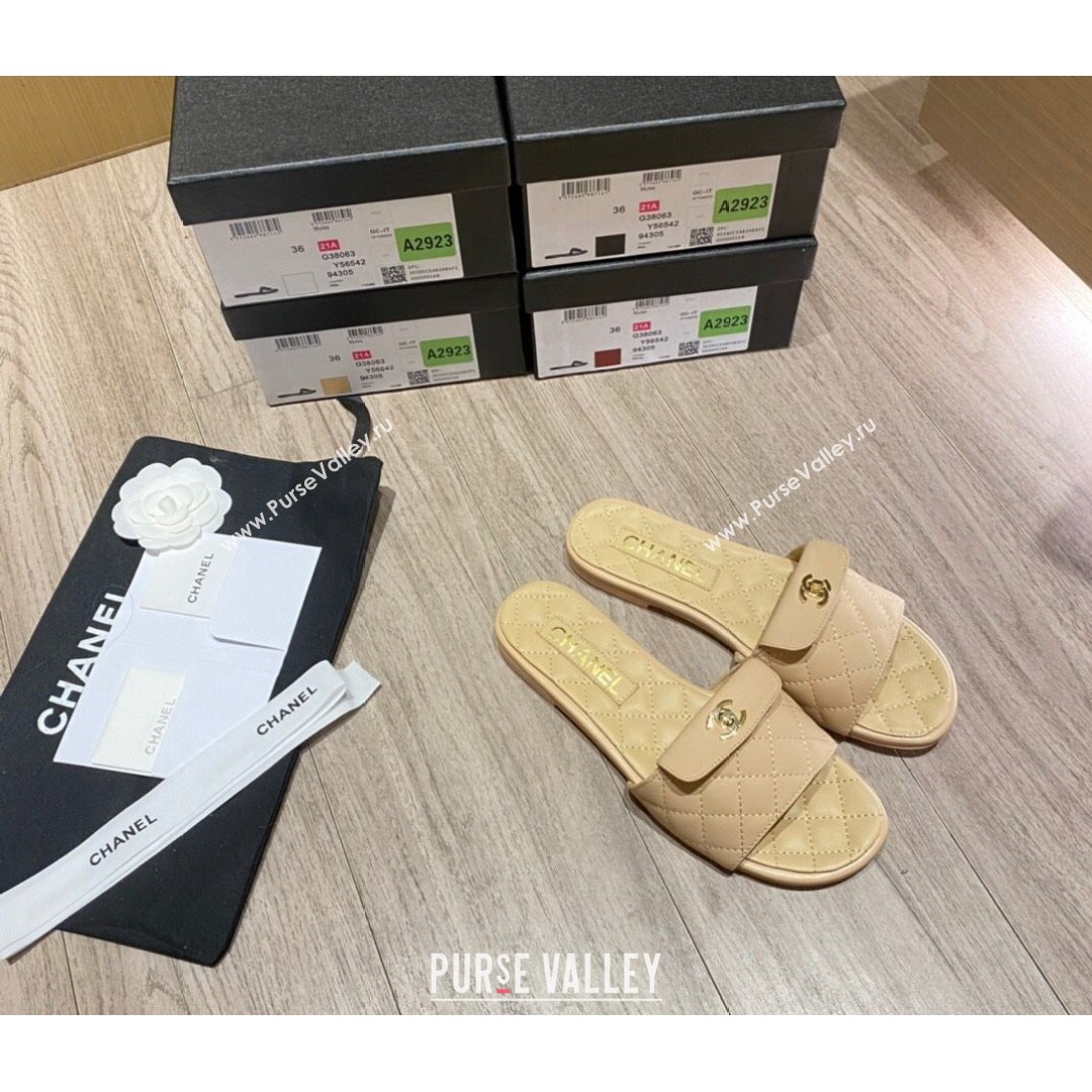 Chanel Leather Foldover Flat Slide Sandals Apricot 2021 (KL-21081409)