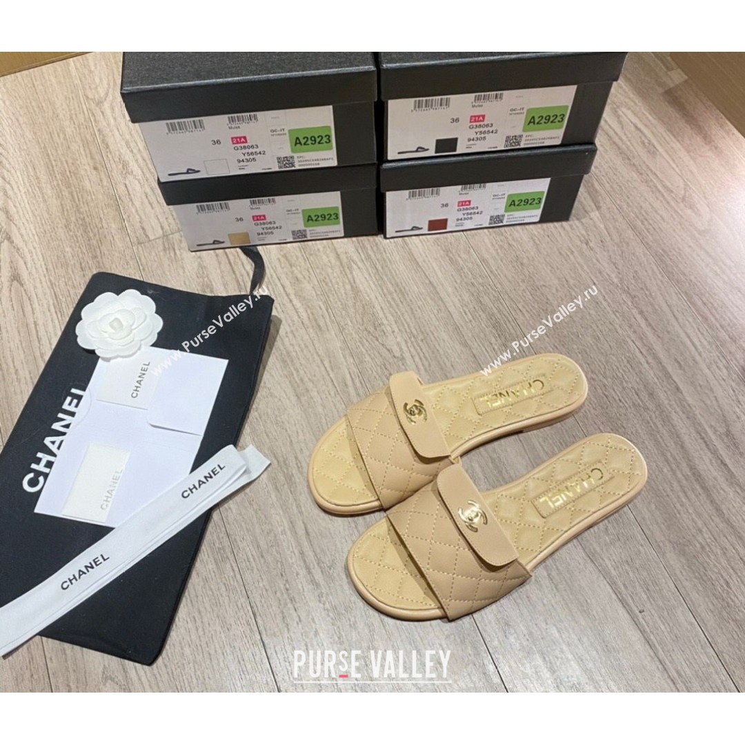 Chanel Leather Foldover Flat Slide Sandals Apricot 2021 (KL-21081409)