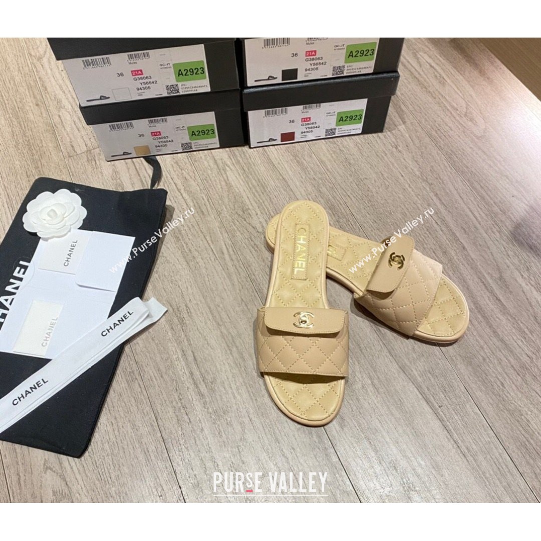 Chanel Leather Foldover Flat Slide Sandals Apricot 2021 (KL-21081409)