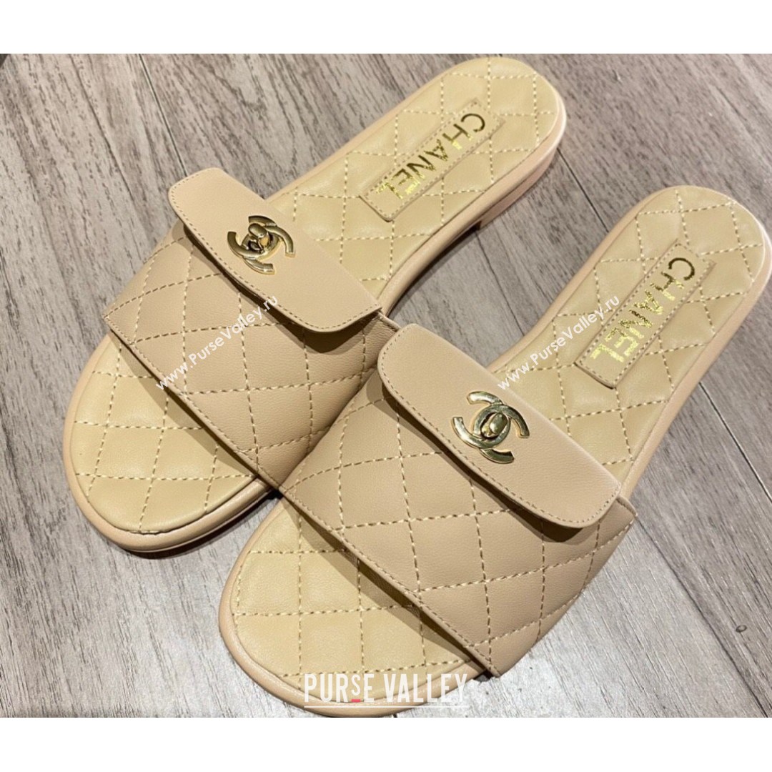 Chanel Leather Foldover Flat Slide Sandals Apricot 2021 (KL-21081409)