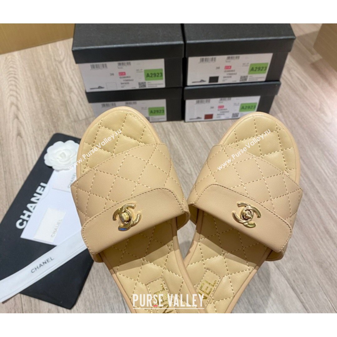 Chanel Leather Foldover Flat Slide Sandals Apricot 2021 (KL-21081409)