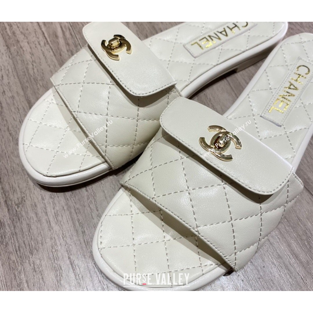 Chanel Leather Foldover Flat Slide Sandals White 2021 (KL-21081410)