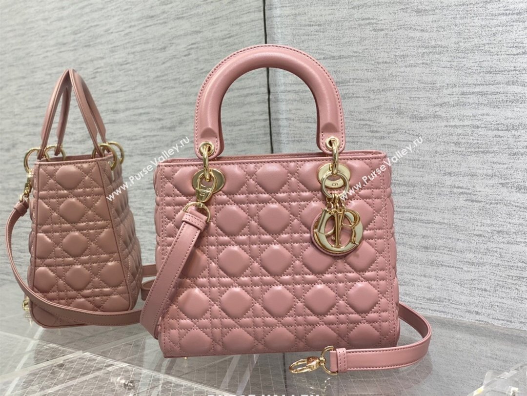 Dior Medium Lady Dior Bag in Cannage Lambskin 44532 Pink/Gold 2024 (DMZ-24041613)