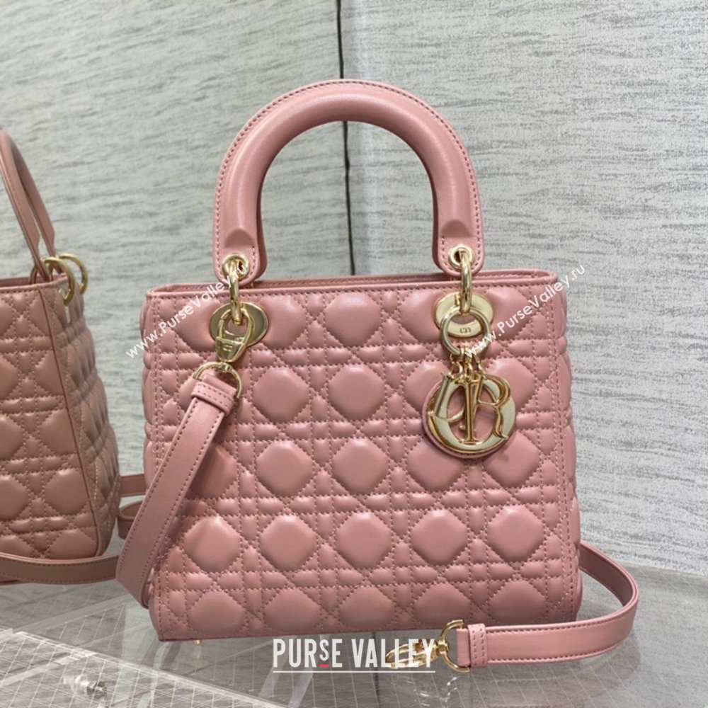 Dior Medium Lady Dior Bag in Cannage Lambskin 44532 Pink/Gold 2024 (DMZ-24041613)