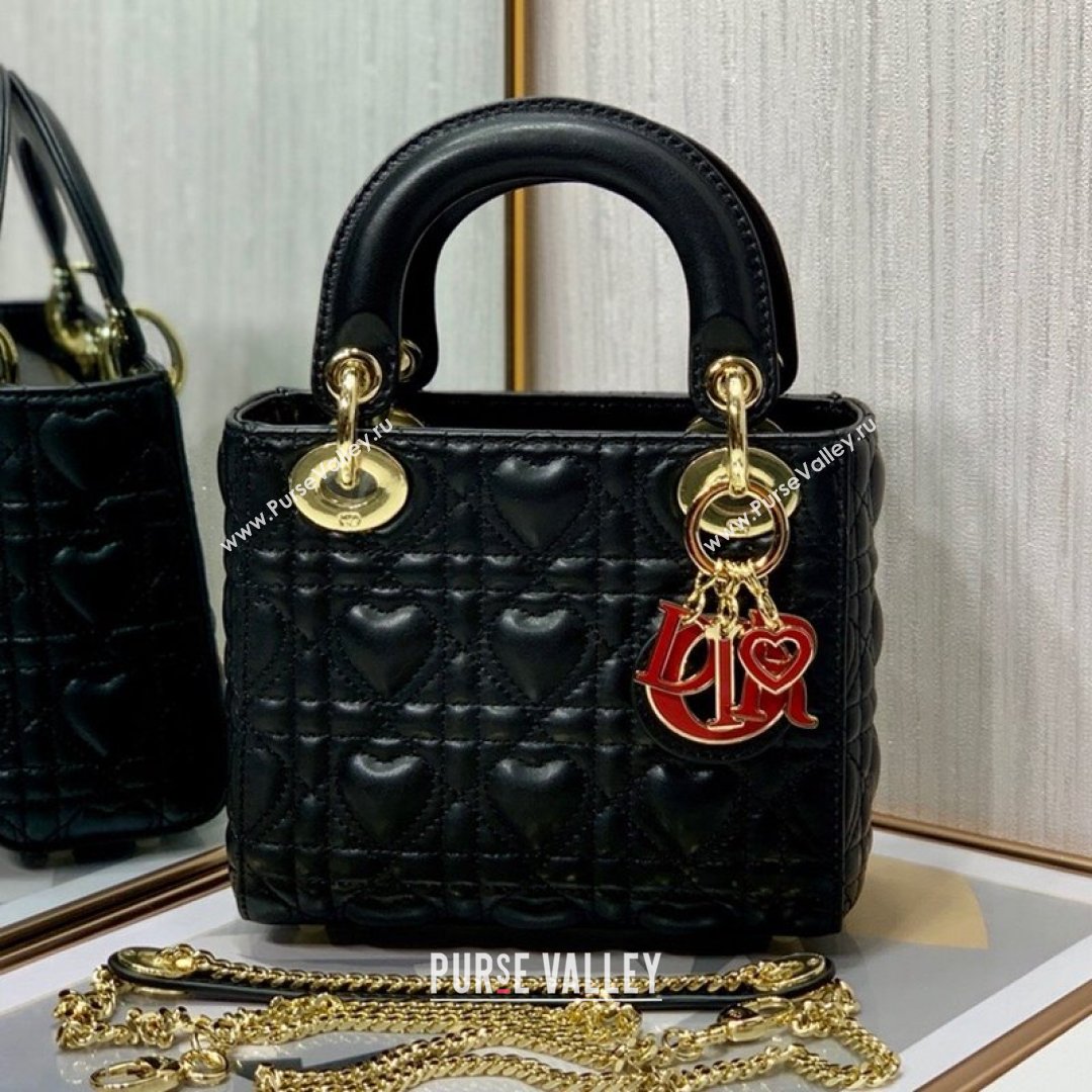 Dior Dioramour My ABCDior Lady Dior Mini Bag in Black Cannage Lambskin with Heart Motif 2021 (XXG-21090747)