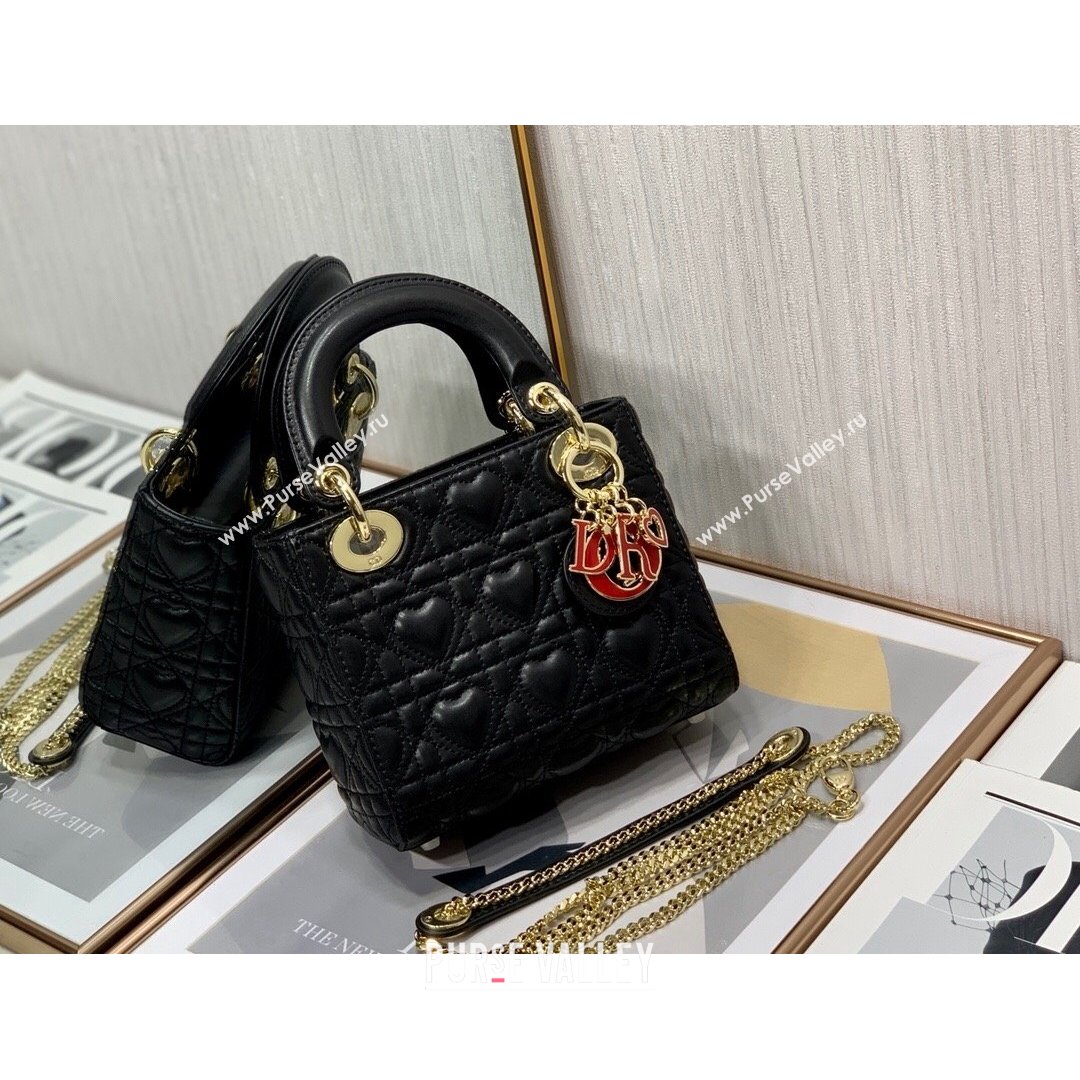 Dior Dioramour My ABCDior Lady Dior Mini Bag in Black Cannage Lambskin with Heart Motif 2021 (XXG-21090747)