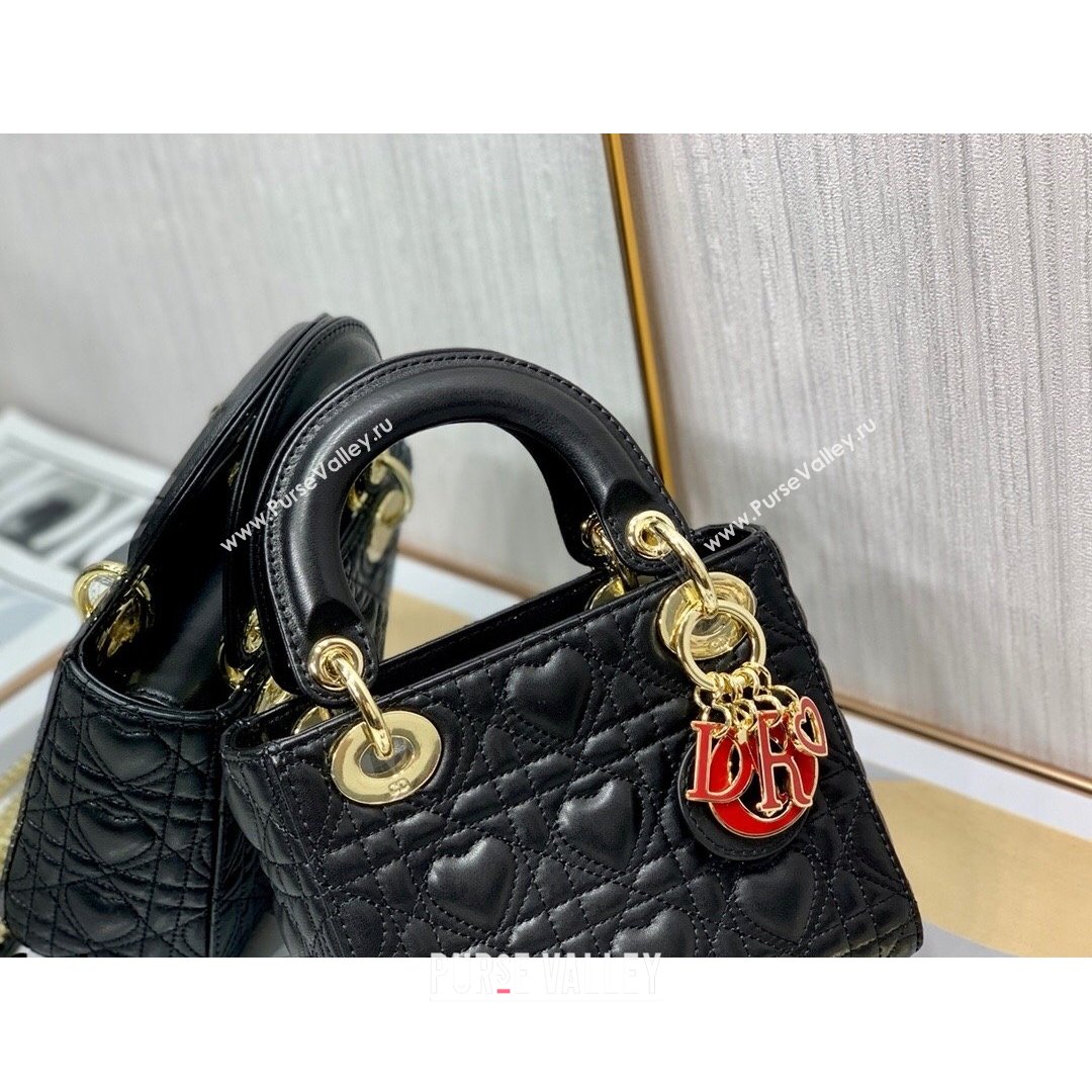 Dior Dioramour My ABCDior Lady Dior Mini Bag in Black Cannage Lambskin with Heart Motif 2021 (XXG-21090747)