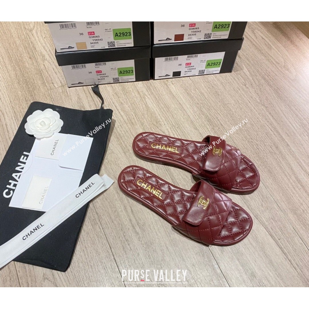 Chanel Leather Foldover Flat Slide Sandals Burgundy 2021 (KL-21081411)