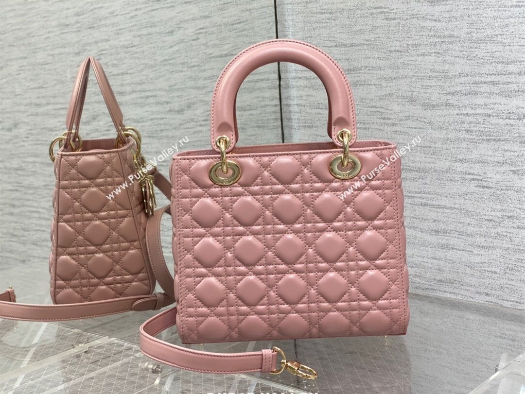 Dior Medium Lady Dior Bag in Cannage Lambskin 44532 Pink/Gold 2024 (DMZ-24041613)