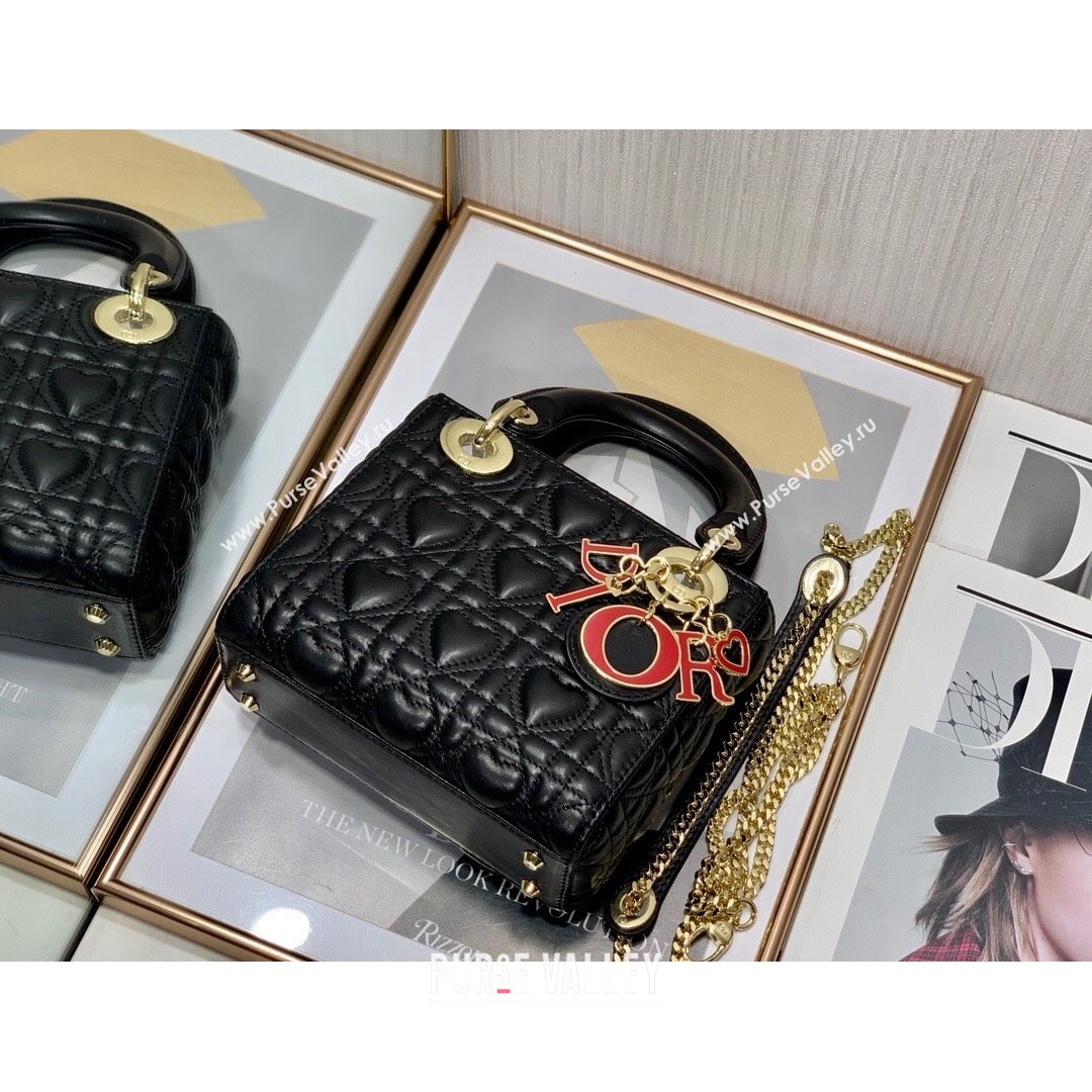Dior Dioramour My ABCDior Lady Dior Mini Bag in Black Cannage Lambskin with Heart Motif 2021 (XXG-21090747)
