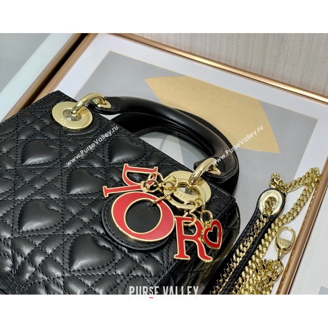 Dior Dioramour My ABCDior Lady Dior Mini Bag in Black Cannage Lambskin with Heart Motif 2021 (XXG-21090747)
