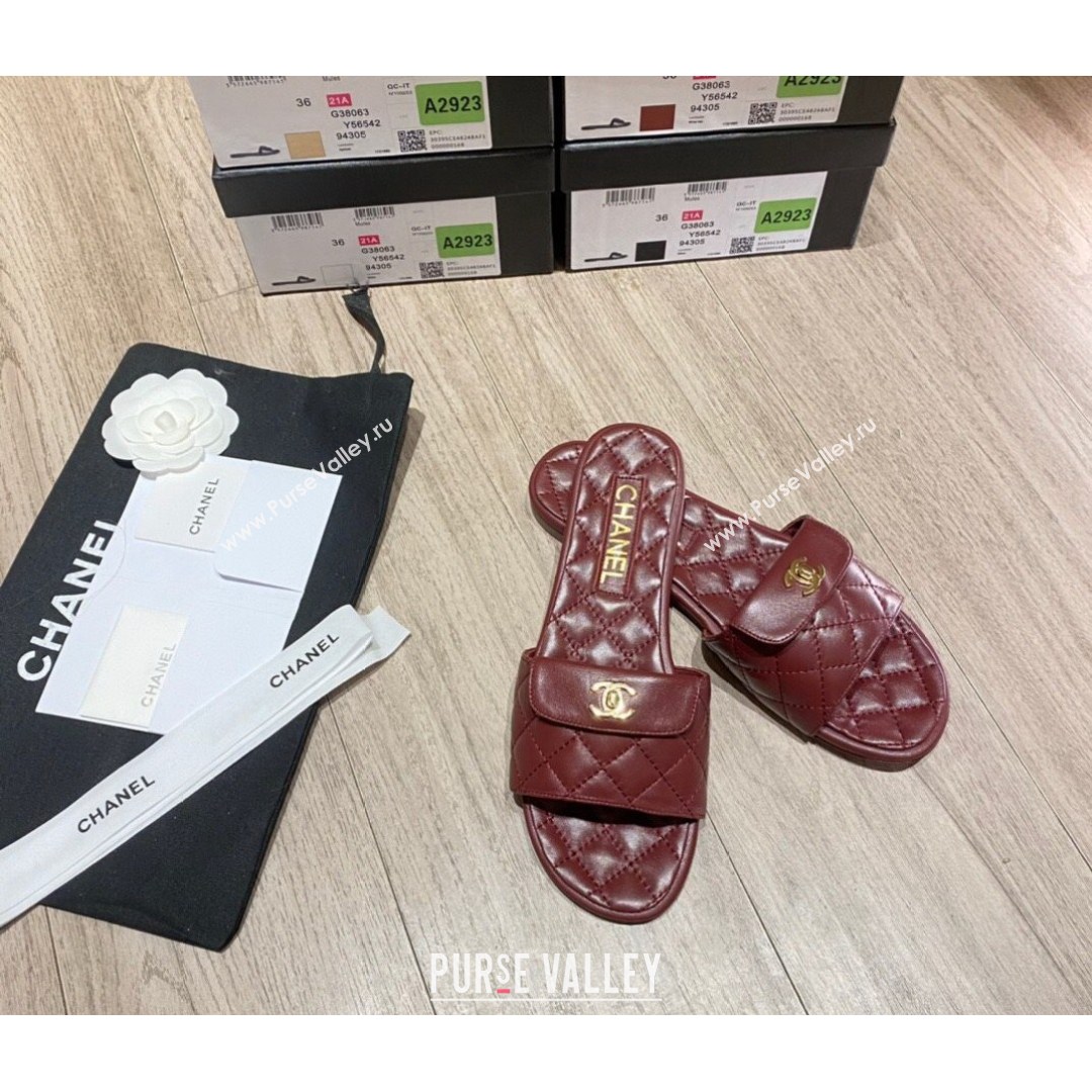 Chanel Leather Foldover Flat Slide Sandals Burgundy 2021 (KL-21081411)