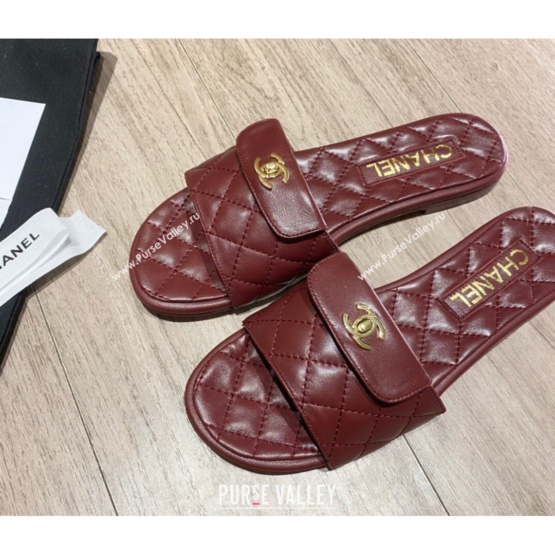 Chanel Leather Foldover Flat Slide Sandals Burgundy 2021 (KL-21081411)