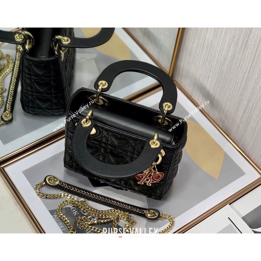 Dior Dioramour My ABCDior Lady Dior Mini Bag in Black Cannage Lambskin with Heart Motif 2021 (XXG-21090747)
