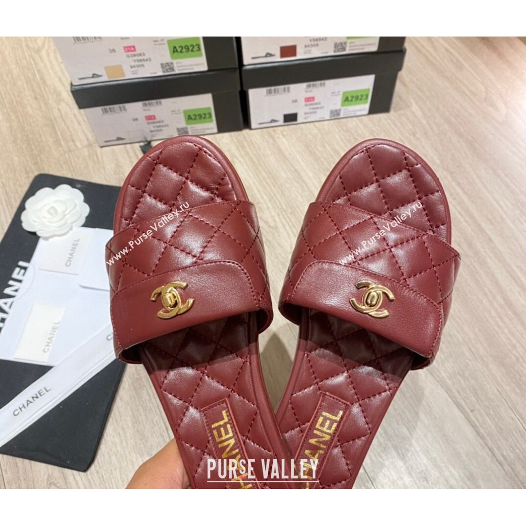 Chanel Leather Foldover Flat Slide Sandals Burgundy 2021 (KL-21081411)