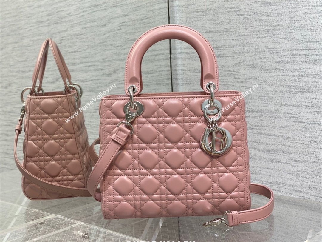 Dior Medium Lady Dior Bag in Cannage Lambskin 44532 Pink/Silver 2024 (DMZ-24041614)