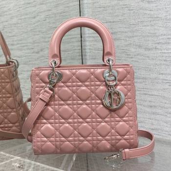 Dior Medium Lady Dior Bag in Cannage Lambskin 44532 Pink/Silver 2024 (DMZ-24041614)