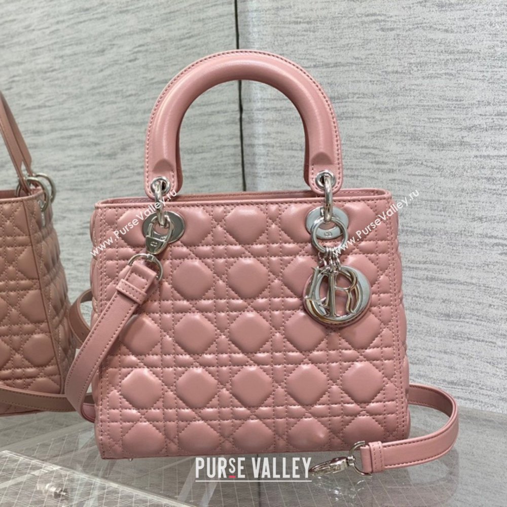 Dior Medium Lady Dior Bag in Cannage Lambskin 44532 Pink/Silver 2024 (DMZ-24041614)