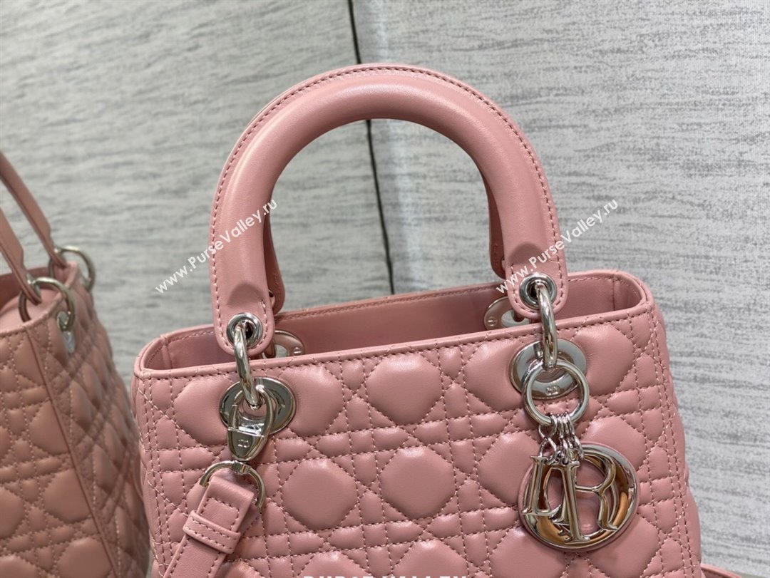 Dior Medium Lady Dior Bag in Cannage Lambskin 44532 Pink/Silver 2024 (DMZ-24041614)
