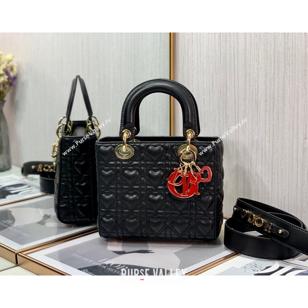 Dior Dioramour My ABCDior Lady Dior Small Bag in Black Cannage Lambskin with Heart Motif 2021 (XXG-21090746)